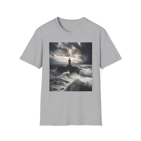 Charcoal crew neck T-shirt with lighthouse weathering storm graphic