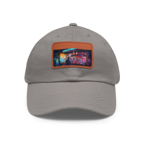 Colorful neon watercolor splash baseball cap with light brown rectangle patch.