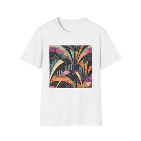 Charcoal cotton t-shirt with vibrant abstract art deco patterns