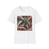 Charcoal cotton t-shirt with vibrant abstract art deco patterns