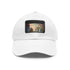 Whimsical white Unisex Cotton baseball cap with brown patch.