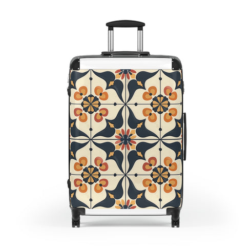 Artisan black suitcase with stylish tiles pattern for minimalist home decor.