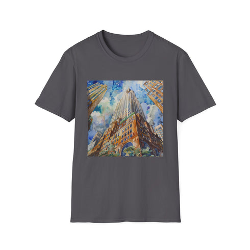 Charcoal cotton T-shirt with watercolor Chrysler Building skyscraper design