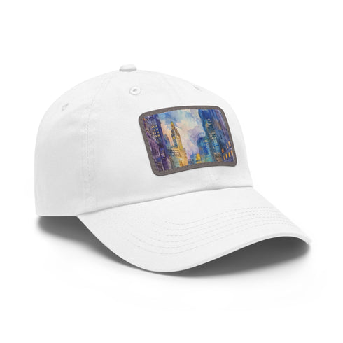 Chicago skyline watercolor cap in white with light brown patch.