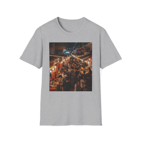 Charcoal cotton T-shirt featuring vibrant Asian night market tapestry graphic