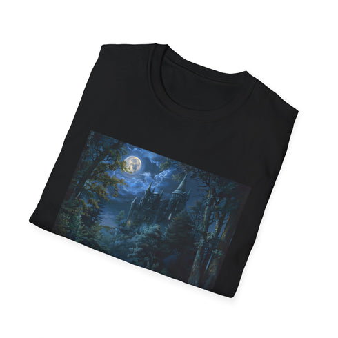 Charcoal cotton t-shirt with moonlit castle forest design for regular summer fit