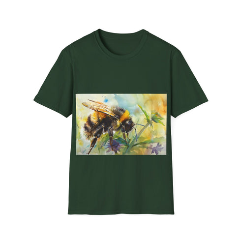 Charcoal cotton t-shirt with vibrant bumblebee watercolor design for summer