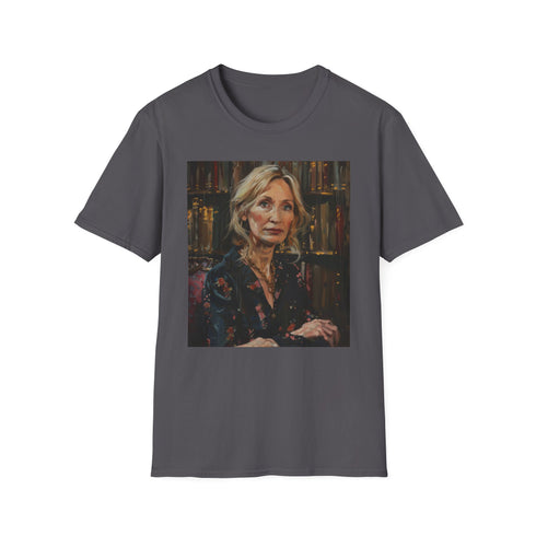 Charcoal cotton T-shirt featuring vibrant J.K. Rowling portrait and regular fit