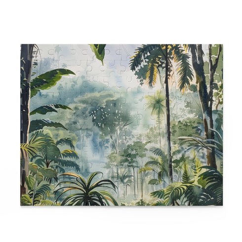 Vibrant watercolor puzzle of Congo rainforest showcasing lush greenery and wildlife.