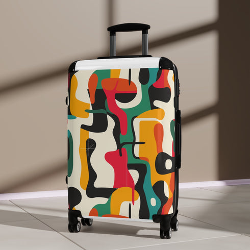 Abstract Adventure Suitcase Set in bold, bright geometric patterns, small and black.