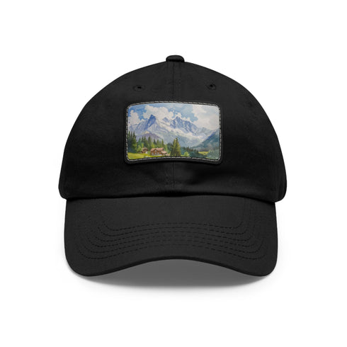 Swiss Alps watercolor cap in white with light brown rectangle patch.