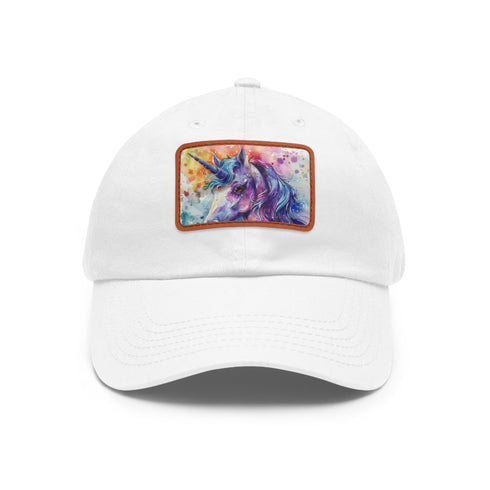 Magical watercolor unicorn baseball cap in white with light brown patch.