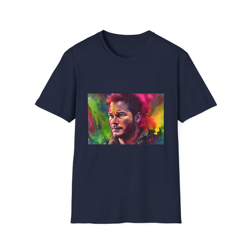 Vibrant charcoal T-shirt with neon watercolor design and crew neck