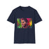 Vibrant charcoal T-shirt with neon watercolor design and crew neck