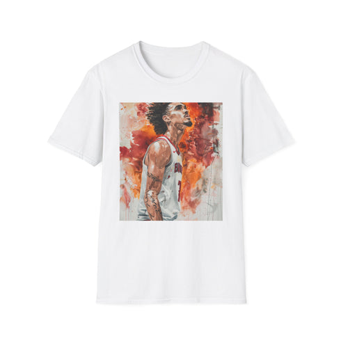 Watercolor portrait charcoal crew neck T-shirt featuring Trae Young's dynamic skills
