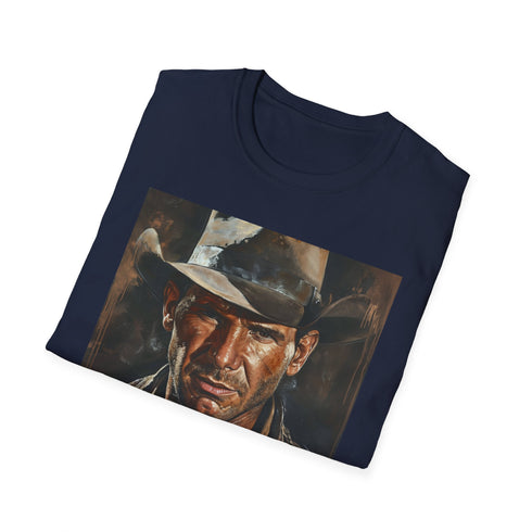 Charcoal crew neck cotton T-shirt featuring vibrant Indiana Jones portrait
