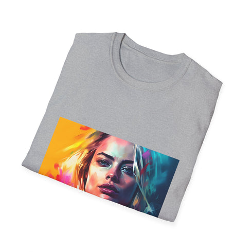 Vibrant neon watercolor charcoal cotton T-shirt with Margot Robbie design