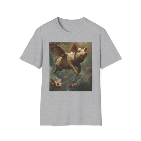 Surreal Flight flying pigs graphic charcoal t-shirt cotton crew neck oversized.