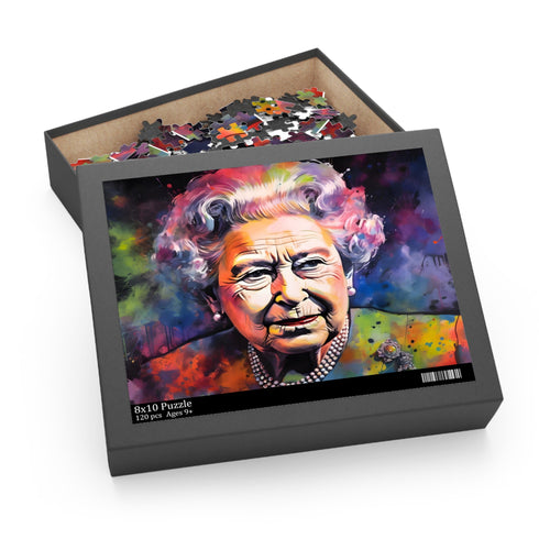 Neon watercolor puzzle featuring vibrant portrait of Queen Elizabeth II.