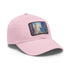 Vibrant Chicago skyline watercolor baseball cap in white with light brown patch.