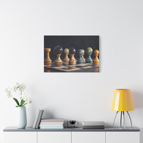 Chessboard with Cosmic Planets As Pieces Stretched Canvas Wall Art