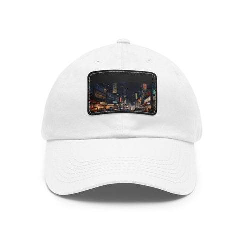 Tokyo skyline baseball cap in white with light brown patch.