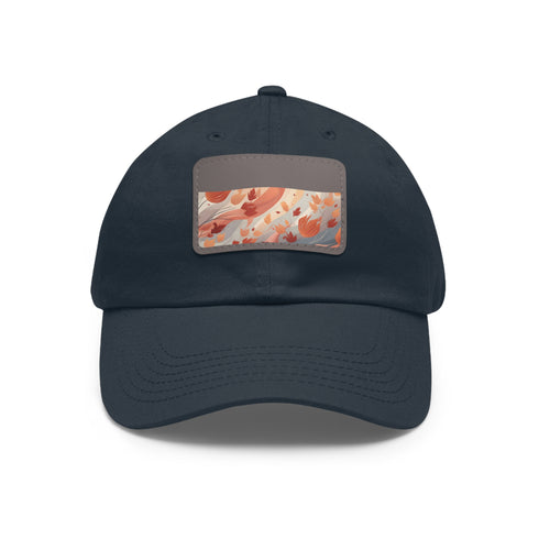 Autumn-themed white baseball cap with leaf pattern and light brown patch.