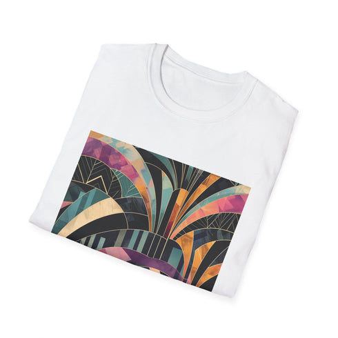 Charcoal crew neck t-shirt with vibrant abstract art deco patterns