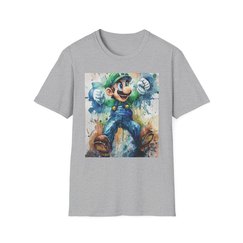 Charcoal cotton t-shirt featuring Luigi wielding his Poltergust perfect for Halloween