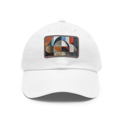 Geometric Fusion Baseball Cap in White with Light Brown Rectangle Patch.