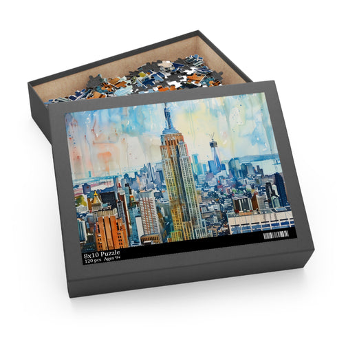 Vibrant watercolor Empire State Building jigsaw puzzle, 120 pieces.