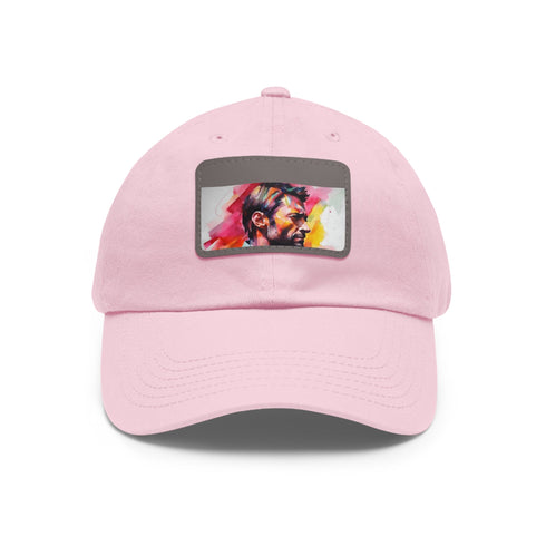 Vibrant watercolor Hugh Jackman cap with light brown rectangle patch.