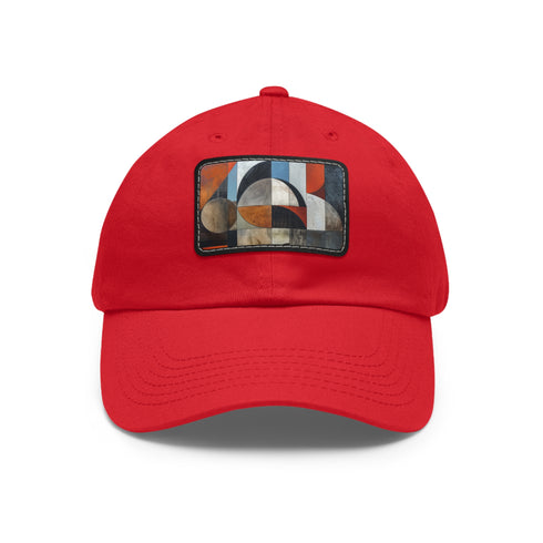 Abstract geometric shapes white baseball cap with light brown rectangle patch.