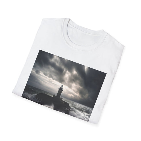 Charcoal cotton T-shirt with lighthouse graphic symbolizing strength and resilience