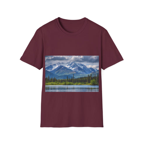 Alaska Adventure Watercolor Tee in Charcoal, size S, unisex fit.