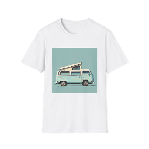 Vintage camper van charcoal t-shirt, perfect for retro road trip adventures.