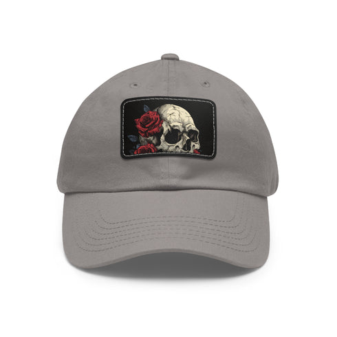 Gothic skull cap with roses, white/light brown patch, rectangle shape.