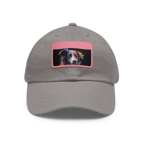 Collie charm baseball cap in white with light brown patch.