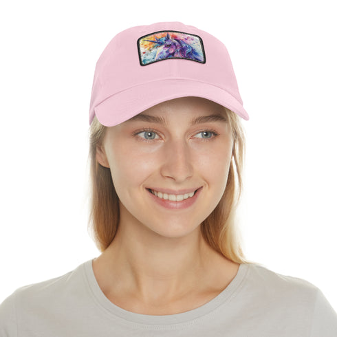 Magical watercolor unicorn baseball cap, white with light brown patch.