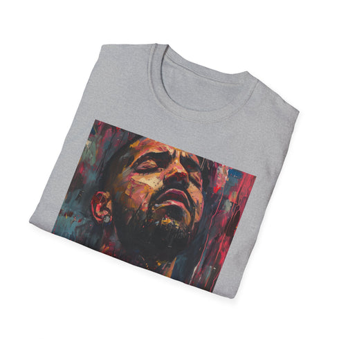 Charcoal cotton T-shirt with vivid Drake portrait promoting poetic creativity