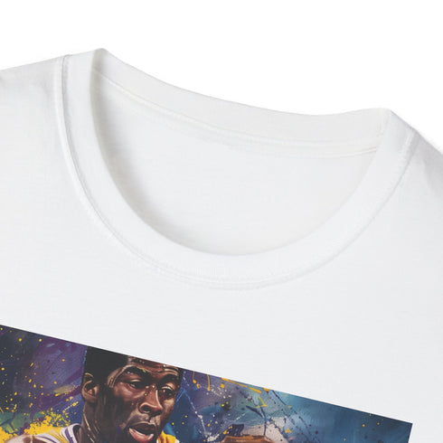 Charcoal Magic Johnson portrait tee with vibrant color palette.
