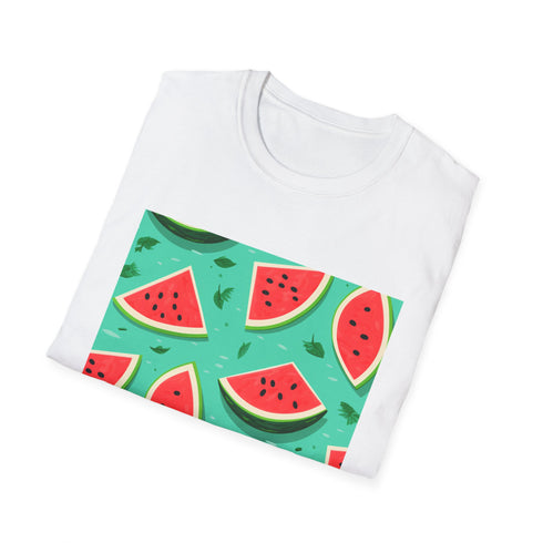 Vibrant charcoal T-shirt with juicy watermelon and Hawaiian floral pattern