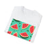 Vibrant charcoal T-shirt with juicy watermelon and Hawaiian floral pattern