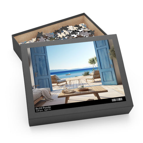 Blue wooden window puzzle with charming opened wood doors (120 pcs)