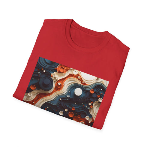 Abstract charcoal T-shirt with geometric patterns and vibrant summer colors