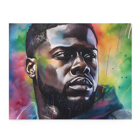 Kevin Hart watercolor puzzle in vibrant neon colors for comedy fans.