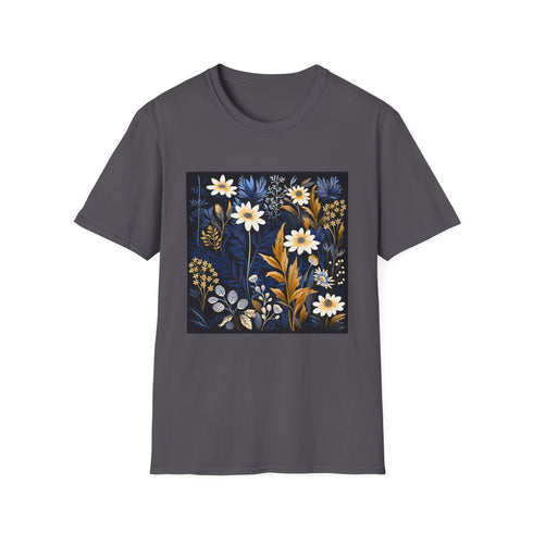 Charcoal floral cotton T-shirt with wildflower pattern and crew neck design