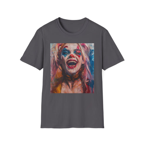 Charcoal cotton T-shirt with vibrant brushstroke Harley Quinn design.