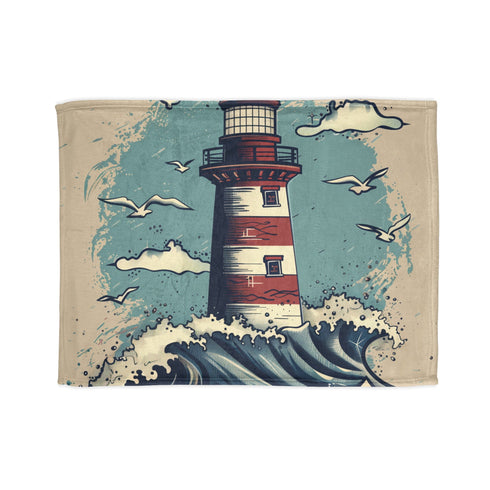 Hand-drawn lighthouse blanket with crashing waves design, 30'' x 40''