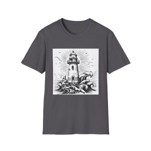 Charcoal cotton crew neck t-shirt with hand-drawn lighthouse illustration